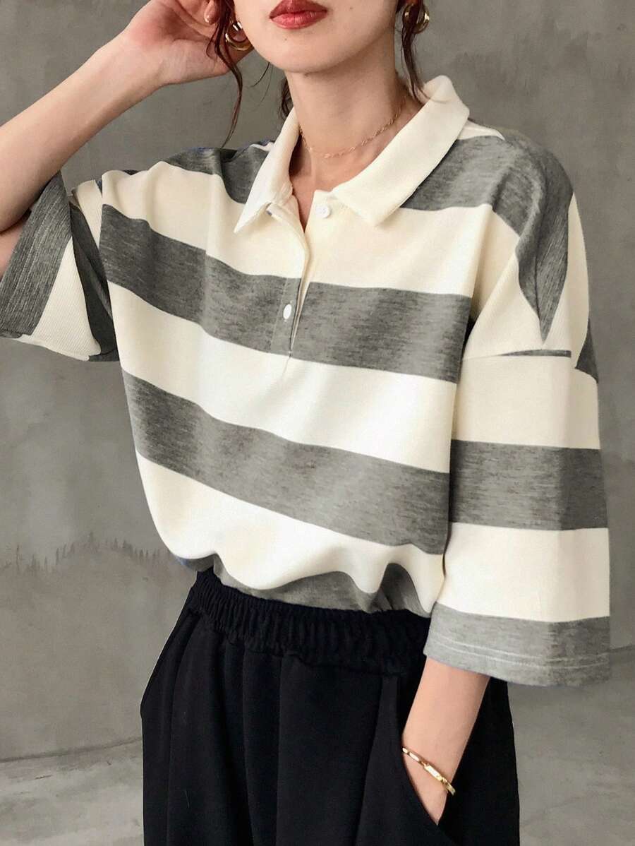 FRIFUL Áo thun nữ tay ngắn cổ polo dáng rộng kẻ sọc đen trắng, thích hợp mặc mùa hè. - Xám - Xem 1