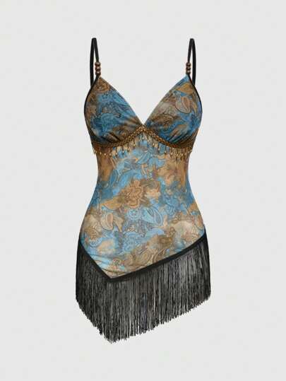 Parte superior de tirantes con estampado de paisley, flecos y decoración de cuentas de madera, estilo retro hippie occidental y de vaquera para festivales de música, para mujeres