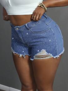 Slaydiva Plusstorlek damshorts med slitna fickor och strass, revor i nederkant, casual - Mediumtvätt - Visa 4