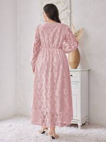 Modelyn Plus Size Women's Solid Color Simple Daily Lace Decorated Dress,Elegant Evening Party Dress Long Evening Dresses - Dusty Pink - View 2