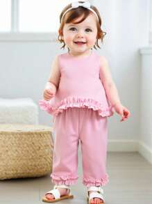 Girls' Fashion Sleeveless Woven Top With Ruffle Hem, Summer - Pink - View 1
