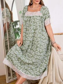 SHEIN Váy ngủ cổ vuông ren họa tiết hoa màu xanh lá cây cỡ lớn cho nữ mùa lễ hội, váy ngủ Moo Moo - màu xanh lá - Xem 3