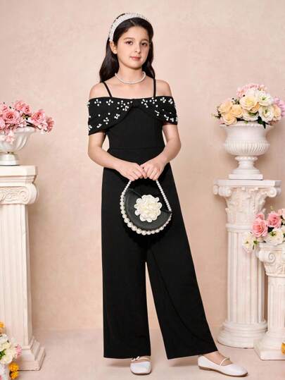 Pitira Pitira Tween Girls' Elegant Black Knit Butterfly Bead Decor Camisole Jumpsuit, Summer