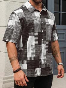 Manfinity Homme Plus Size Men's All-Over Print Button Front Short Sleeve Shirt For Summer - Multicolor - View 3