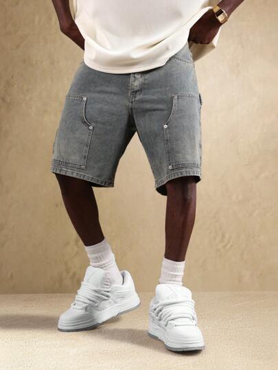 SUMWON Carpenter Denim Shorts Utility Style Multi Pocket Summer Casual Relaxed Fit Loose Comfort Workwear Knee Length Cotton Bottoms