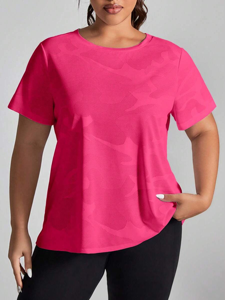 SHEIN Rhythm Era Áo thun thể thao tay ngắn cổ tròn in họa tiết rằn ri cỡ lớn cho nữ - Hồng - Xem 1