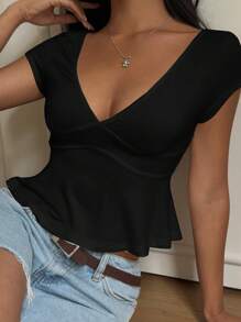 SHEIN EZwear Women's Summer Casual Black V-Neck Short Sleeve T-Shirt Top - Black - View 5