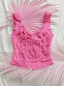 Soleia 女式刺绣前开衩下摆拼布蕾丝边休闲度假背心，适合派对、下午茶、海滩、约会、夏季穿着 - 玫紅色 - 查看 2