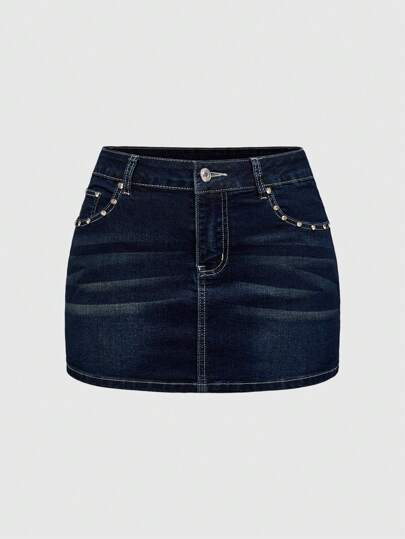 J-Fashion Y2K Style Low Waist Denim Skirt With Star Embroidery And Rhinestone Decoration For Women