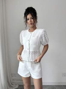 Elenzga 2pcs Women High Waist Shorts & Puff Sleeve Blouse Set, Elegant - White - View 6