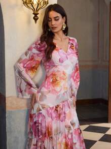 ZEYLAH Elegant V-Neck Ruched Waist Long Sleeve Dress With Print