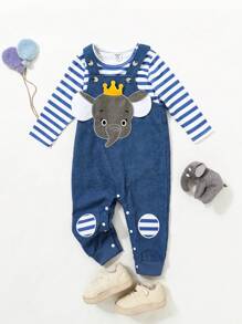 SHEIN Baby Boys' Striped Long Sleeve T-Shirt And Cartoon Embroidered Suspender Jumpsuit Set - Blue - View 3
