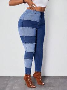 SHEIN SXY Plus Size Women Patchwork Denim Skinny Jeans Summers For Women Festivals Cowboy Jeans - Blue - View 5