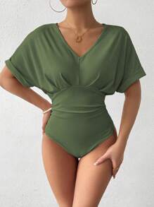 SHEIN Clasi 大码女式度假休闲露肩紧身衣 - 軍綠色 - 查看 1