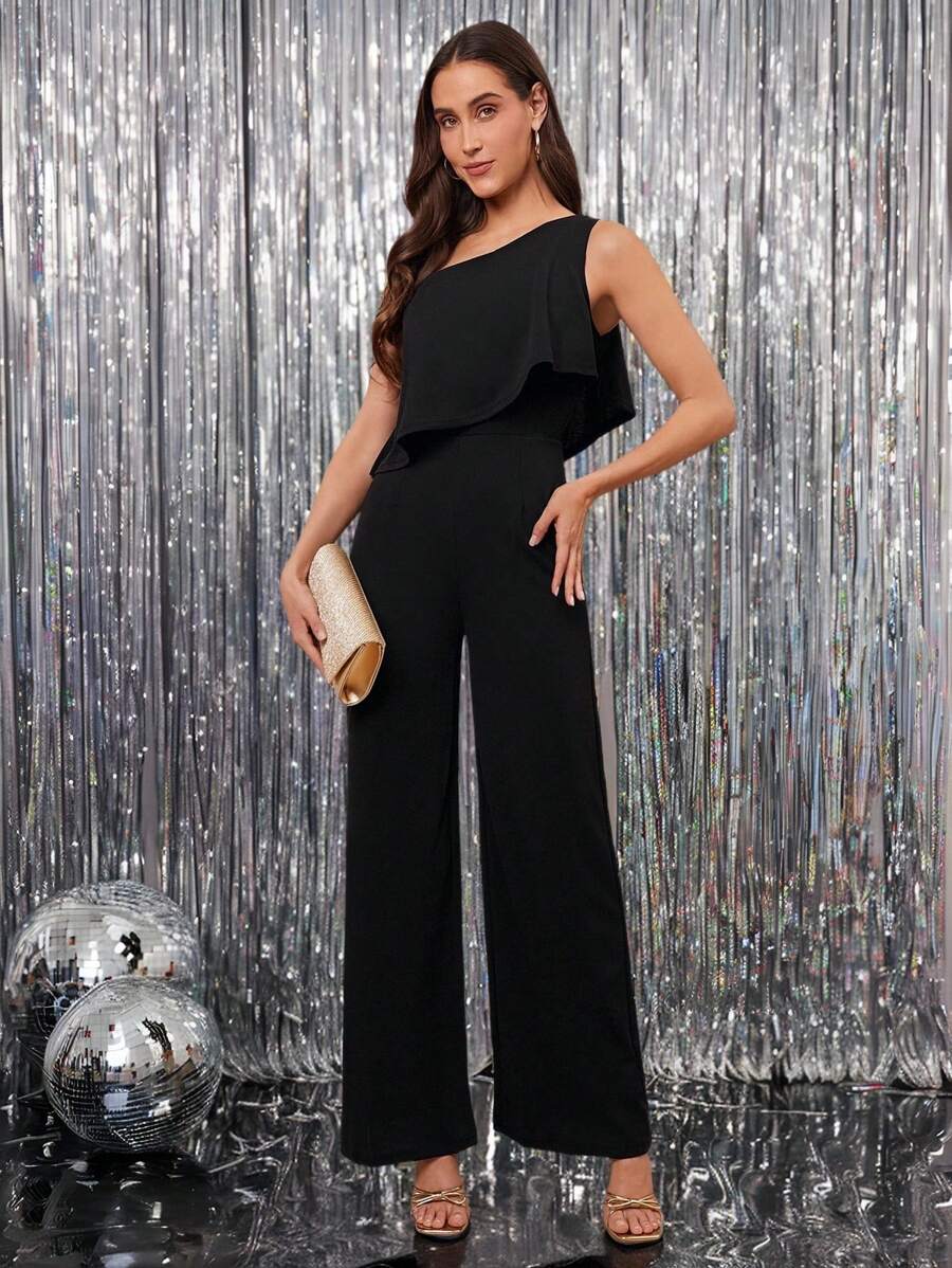 Gownix Women's Summer Sleeveless Ruffle Trim Wide Leg Elegant Jumpsuit - Black - View 1