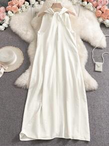 INAWLY Robe midi ample sans manches à col en V avec poches, style minimaliste - Nude - Voir 4