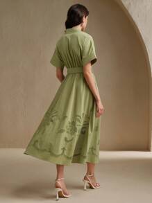 Anewsta Vestido elegante con escote en V, manga corta y bordado calado para mujer