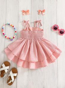 SHEIN فستان جينز عام مريح للأطفال البنات زر خلفي واسترخاء مع كشكشة على الهيمة