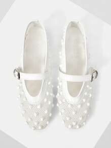MOTF Zapatos planos de moda para mujeres de primavera/verano, zapatos de malla de red blanca para refrescar el verano, zapatos tipo bailarina, zapatos de malla calada y con cuentas, transpirables - Blanco - Ver 2
