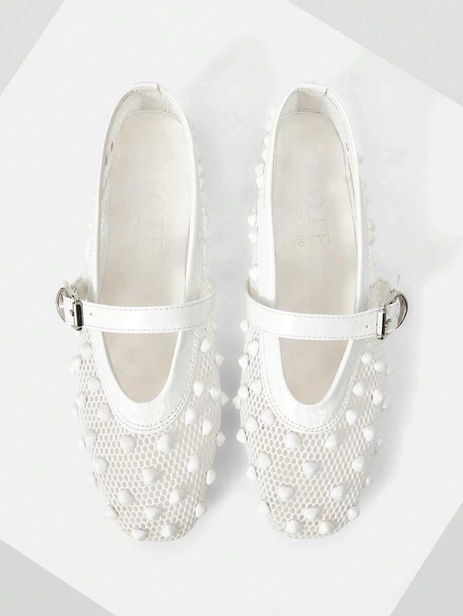 MOTF WOMEN'S FASHION FLAT SHOES SPRING/SUMMER NET MESH SHOES, WHITE COOLING SUMMER FISHNET SHOES, BALLERINA SHOES, BREATHABLE BEADED MESH SHOES - White - View 2