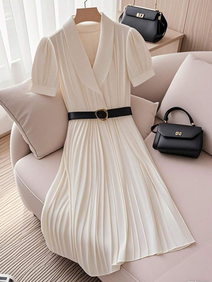 Franclia French V-Neck Pleated Long Skirt With Belt Ladies Dress Pleated Skirt Business Casual Women's Clothing - White - View 1