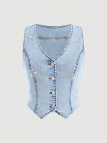 SHEIN Teen Girl Sparkling Star Rhinestone Decor Light Blue Denim Elastic Fitted Sleeveless Vest, Spring And Summer Casual Vacation Country Boho Wear