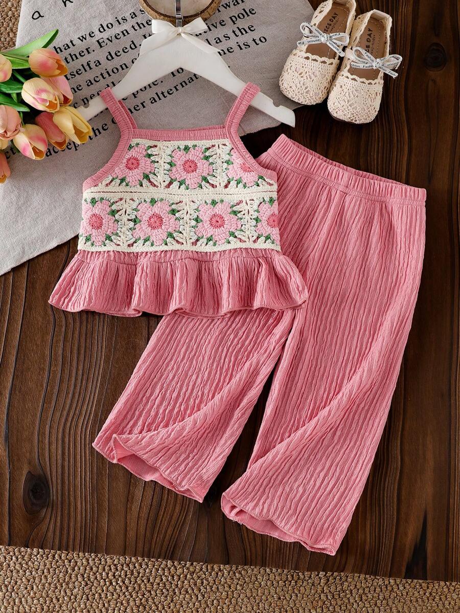 SHEIN Baby Girl Casual Daily Fashion Floral Embroidery Delicate Strap Top And Solid Color Pants Set, Cute Sunshine Outfit For Summer Outdoor Toddler Girl Two Piece Set Toddler Girl Clothes Baby Girl Summer Outfit Girls Two Piece Outfits 2 Piece Set Toddler Girl, 2 Piece Baby Girl Pants And Top, Baby Girl Summer Outfit, Baby Girl Floral Outfit - Pink - View 1