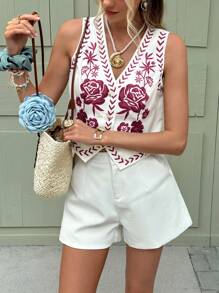 Serisse 女式刺绣 V 领纽扣前休闲无袖衬衫上衣，夏季 - 紅色 - 查看 6