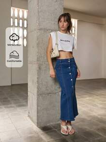 Nöista Damen Jeans-Rock, lässig, locker, seitlicher Schlitz, blaue Midi-Länge Rock, langer Damen-Rock, dunkelblauer Rock, Sommer-Damenkleidung mit Knopfdetails - Blau - Übersicht 4