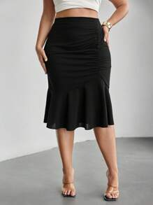 SHEIN Privé 优雅简约褶皱荷叶边下摆女式半身裙，适合商务通勤、浪漫度假、社交活动、休闲装 - 黑色 - 查看 5