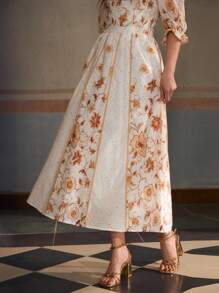 ZEYLAH Women Floral Print Belted Elegant Office Wear Midi Skirt - Red - View 5