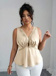 Elenzga 1 pieza Parte superior sin mangas elegante y versátil de talla grande, tank top con escote en V profundo y adorno de encaje sexy