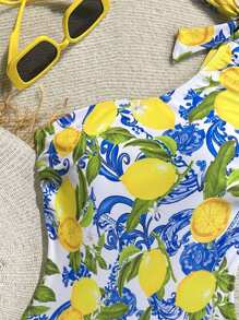 Soleia 1pc Women's Asymmetrical-Shoulder Lemon Graphic Casual One-Piece Swimsuit, Summer - Multicolor - View 4