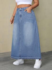 SHEIN ICON Váy denim dài thêm viền thô thường ngày cỡ lớn cho nữ - Rửa nhẹ - Xem 5