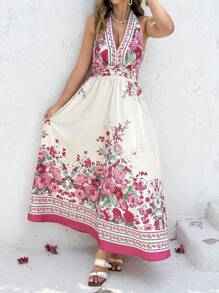 SHEIN Clasi Vestido con estampado floral fruncido de escote halter y espalda descubierta para vacaciones de verano, tallas grandes - Albaricoque - Ver 3