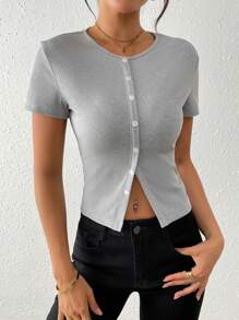 SHEIN LUNE Damen T-Shirt Einfarbig mit kurzen Ärmeln, modisch für den Sommer - Hellgrau - Übersicht 3