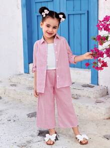 SHEIN 2pcs Young Girl Woven Striped Casual Shirt And Loose Woven Casual Pants Set - Pink - View 8