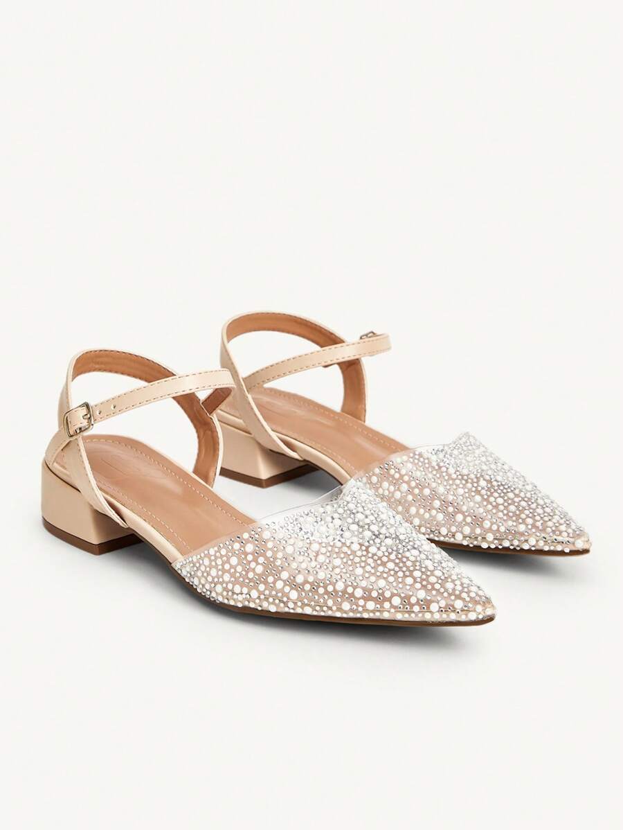 CUCCOO CHICEST Damen Neue Sommer Strass Spitze Quadratische Dicke Niedriger Absatz Elegante Mode Transparente Apricot PVC Kunstleder Flache Slip-On Sandalen, Geeignet für Nachmittagstee, Dates, Modepartys und Urlaub