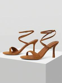 MOTF PREMIUM WOMEN'S 8.8CM SUEDETTE DEER SKIN STRAP BUCKLE FASHION MINIMALIST COMFORTABLE PEEP TOE HIGH HEEL SANDALS, BROWN FOR CHRISTMAS - Brown - View 4