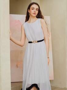 MOTF PREMIUM CHIFFON BELTED ASYMMETRICAL CONTRAST TRIM PLEATED DRESS - White - View 3