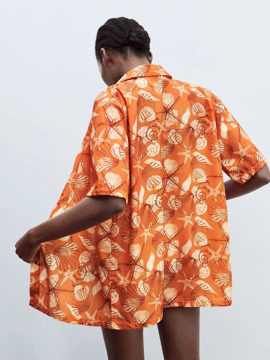 Maija Casual Orange Hawaiian Style Button-Front Long Shirt For Women, Featuring Seashell & Starfish Print, Perfect Half Sleeve Beachwear. - Brown - View 1