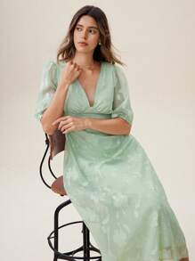 SHEIN Unity Vestido de mujer con cuello en V, estampado de jacquard, estilo de vacaciones - Verde - Ver 4