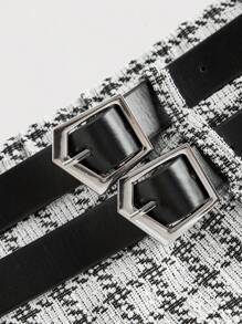 SHEIN MOD Plus Size Women Gray High Waist Shorts With Dual Belt Decor,Tweed, Black And White Check, Double Belt, High Waist Shorts, Office Siren Style