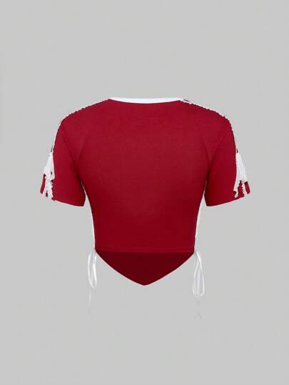 ROMWE Avant Women's Retro School Style Back To School Sexy Sports Ballet Lace Patchwork Embroidered Numeric Tight T-Shirt