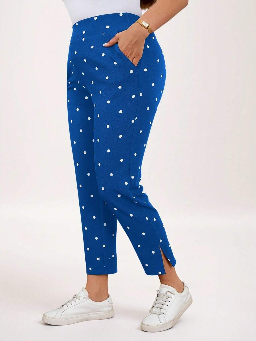 SHEIN LUNE Plus Size Women Polka Dot Print Casual Pants With Pockets And Side Slits Vacation New Years Winter Valentine Day Business Casual - Blue - View 1