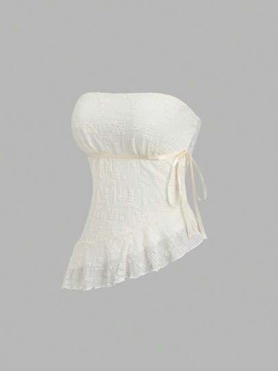 Sweetra Y2K 性感露肩蕾丝蝴蝶结不对称下摆短款上衣