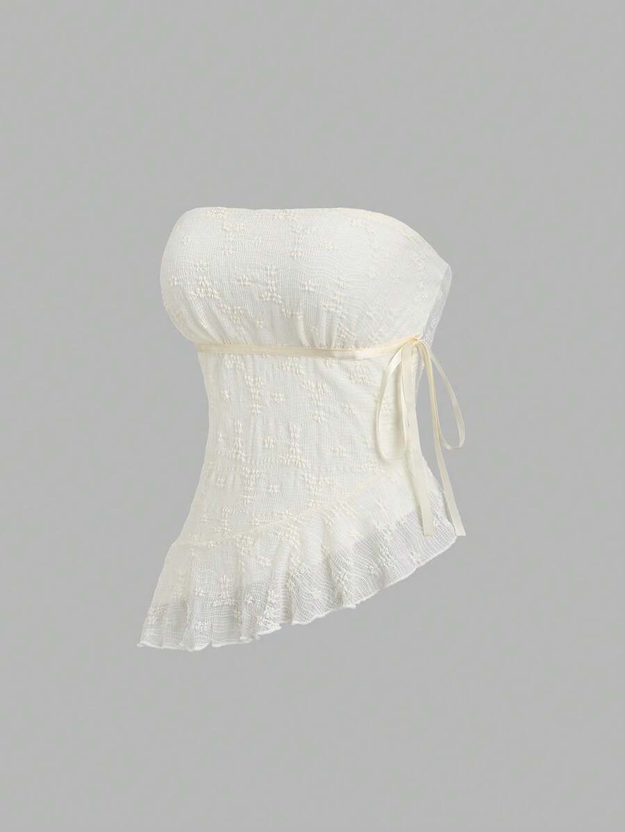 Sweetra Y2K 性感露肩蕾丝蝴蝶结不对称下摆短款上衣 - 杏色 - 查看 1