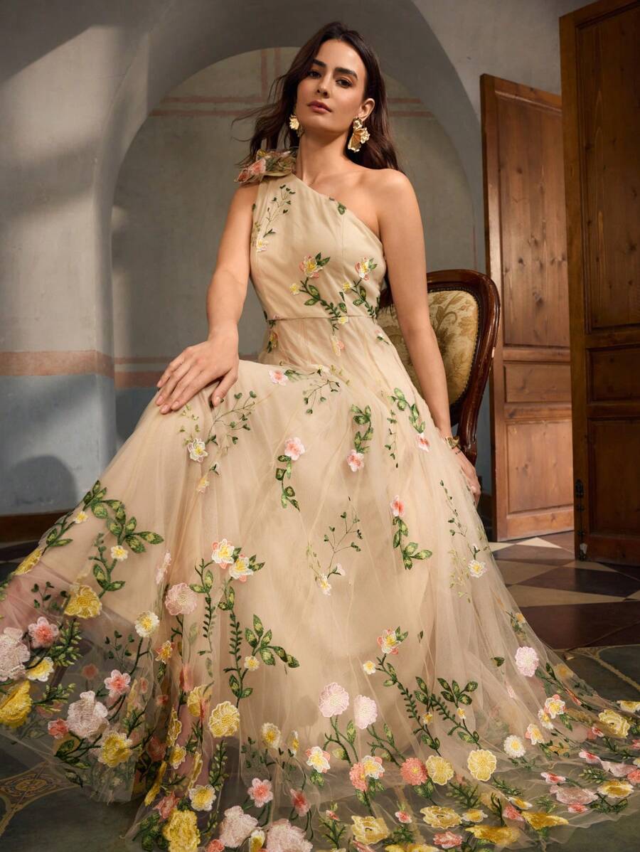 ZEYLAH 3D花卉刺绣网眼女式连衣裙 - 黃色 - 查看 1