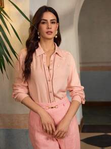 ZEYLAH Linen Shirt With 3D Floral Decoration, Fashionable For Summer - Pink - View 5