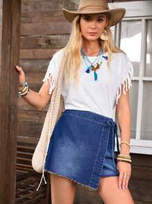 EMERY ROSE Women Denim Washed A-Line Skirt, Fashionable For Summer - Dark Wash - View 3